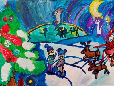 Исакова Анна, 9 лет, Радостная встреча возле ёлки, гуашь, живопись
